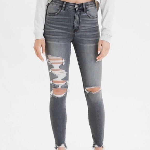 American Eagle Outfitters Denim - American Eagle Womens Gray Distressed Raw Hem Super Hi-Rise Jegging Size 8
